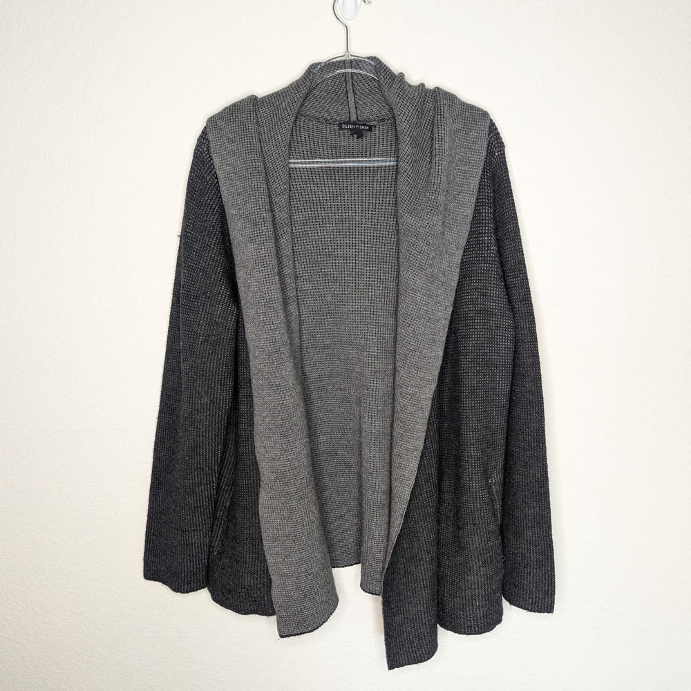 Eileen Fisher charcoal grey merino wool chunky knit open sweater